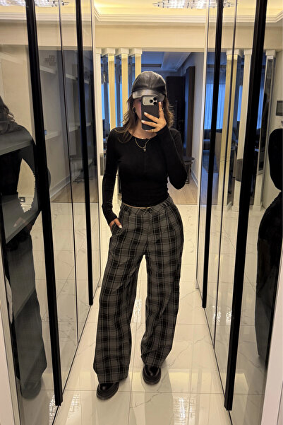 MOZENA Καρό Παντελόνι Παλάτσο με Σχέδιο