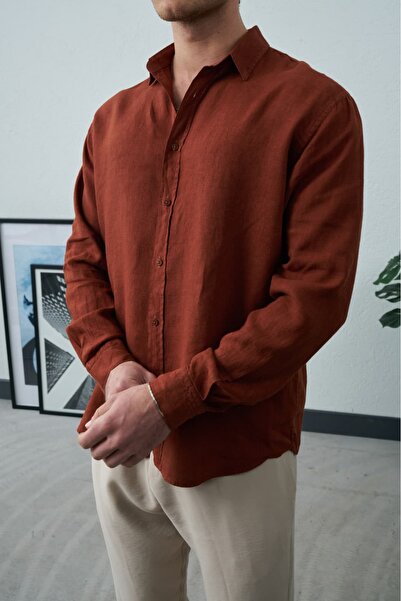 Wonraces Men's Tile Oversize Comfortable Fit Long Sleeve 100% Raw Linen Shirt