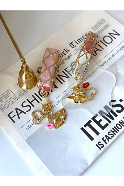 REBORN DESIGN Gold Color Pink Lip Gloss Bag Charm with Lip Figure