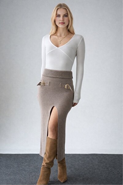 LOOSH Kadın Vizon Aksesuar Detaylı Yırtmaçlı Triko Etek