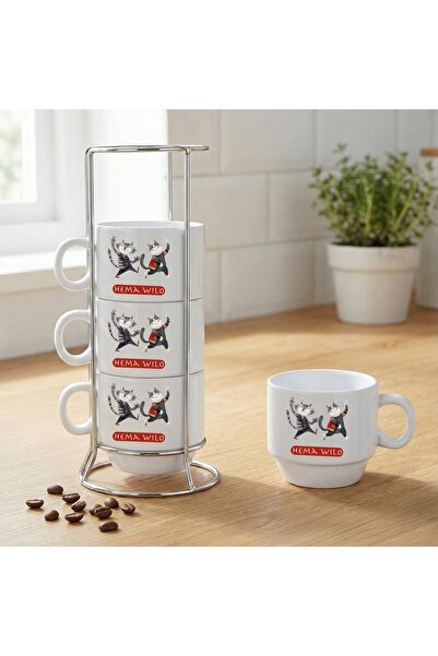 ZERYA Kürtçe Hema Wilo 4-Piece Porcelain Coffee Cup Set with Stand