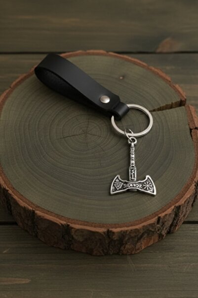 AB Takı Valknut Balta Design Real Leather Keychain Black Genuine Leather Keyc...