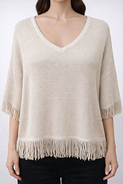 Neden Tekstil Beige Tassel Detailed V-Neck Knitwear Blouse