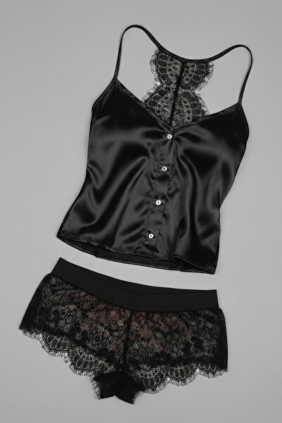 C&City Satin Lace Detailed Shorts Set Black