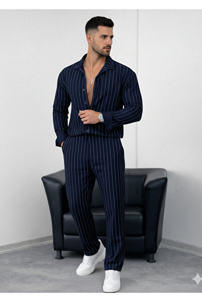 viperkombin Çizgili Gömlek ve Pantolon Takım Krep Kumaş