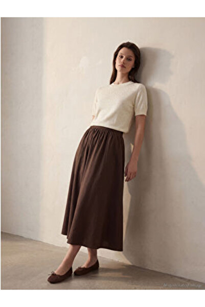 LC Waikiki M1 Sezon Brown Flared Skirt with Elastic Waist