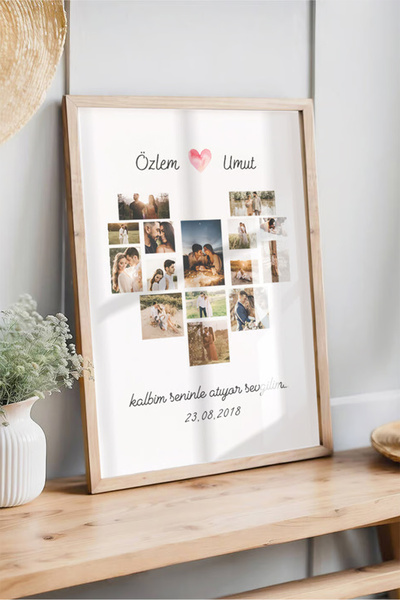 tablopix Kişiye Özel Fotoğraflı Kalp Tasarım Çerçeveli Poster (Natural)
