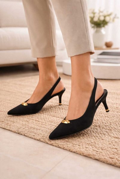 Macelife Women's Black Pointed Toe Open-Back Thin Heeled Shoes
