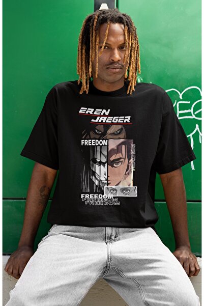 SEVBANO Tricou unisex supradimensionat cu imprimeu Freedom Eren Yeager, cu pe...