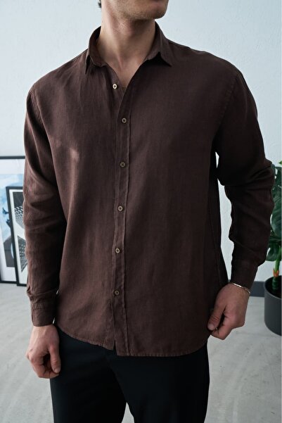 Wonraces Men's Brown Oversize Comfortable Fit Long Sleeve 100% Raw Linen Shirt