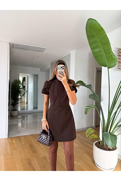 maf collection Women's Brown Short Sleeve Button Detail Short Dress