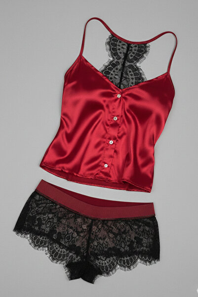 C&City Satin Lace Detailed Shorts Set Burgundy