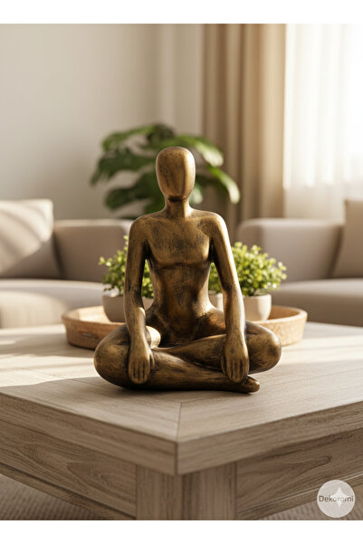 Dekoromi Dekoratif Oturan ve Düşünen Düşünceli Adam Heykeli (38x26cm) Altın E...