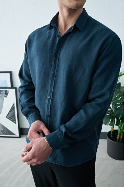 Wonraces Men's Petrol Oversize Comfortable Fit Long Sleeve 100% Raw Linen Shirt