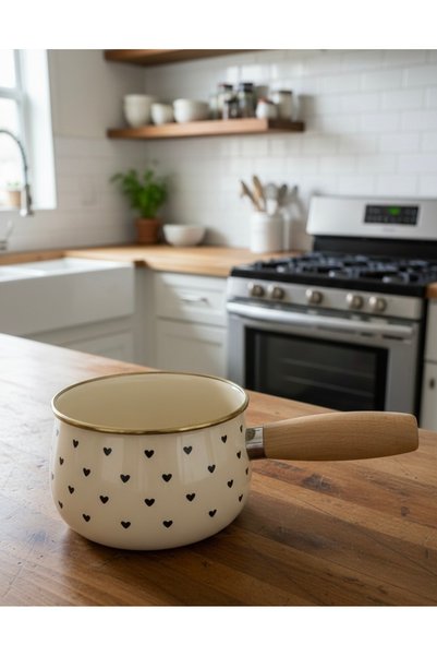 EmayeBurada Enamel Small Heart Patterned Milk Pot, Sauce Pan
