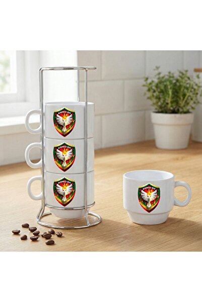 ZERYA Amedspor Illustrated 4-Piece Porcelain Coffee Cup Set with Stand - Amed...