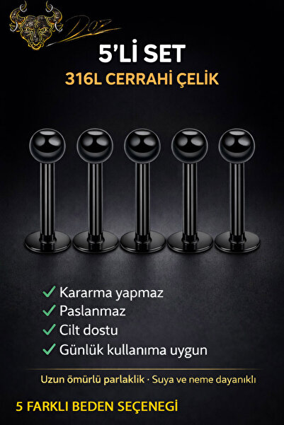 depozoom 316L Cerrahı Çelik 5'li set Labret Dudak Yanak Burun Kulak Kıkırdak ...