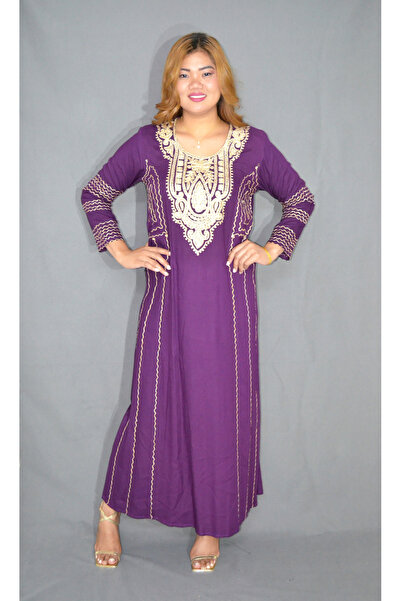 Zainah Embroidered Neck Jalabiya Modest Dress - Long Sleeve Viscose Polyester...