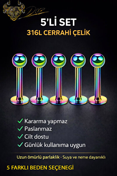depozoom 316L Cerrahı Çelik 5'li set Labret Dudak Yanak Burun Kulak Kıkırdak ...