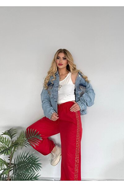 RED WOMAN FASHİON Stoned Denim Jacket, Parachute Fabric Trousers, Combed Cott...
