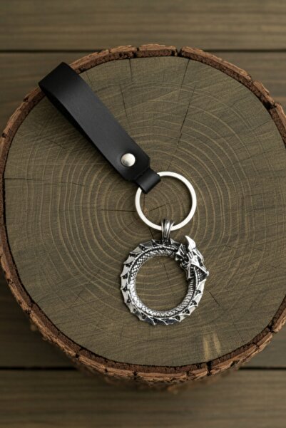 AB Takı Self-Eating Snake Design Real Leather Keychain Black Genuine Leather ...