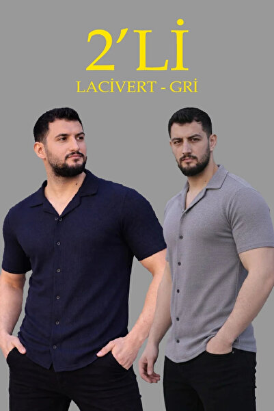 MODA Men's Waffle Woven Open Collar Buttoned Regular Fit 2-Piece Shirt Set - ...