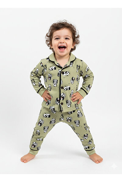 Momivi Kids Erkek Bebek&Çocuk Panda Baskılı Düğmeli Pijama Takımı
