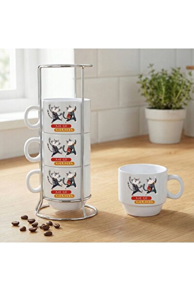 ZERYA Kürtçe Me Go Merheba Written Porcelain Coffee Cup Set of 4 with Stand -...