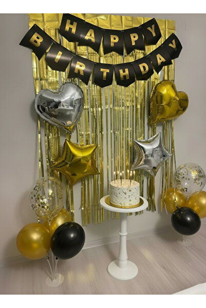 BOXLAND Happy Birthday Banner Gold Doğum Günü Arka Fon Siyah Gold Balon Yıldı...