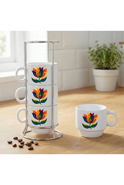 ZERYA Floral Patterned Porcelain Coffee Cup Set of 4 with Stand