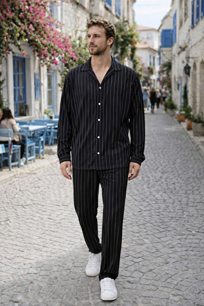 Boi Νέα Σεζόν Alaçatı Style Unisex Σετ από Ριγέ Πουκάμισο και Παντελόνι από Ύ...