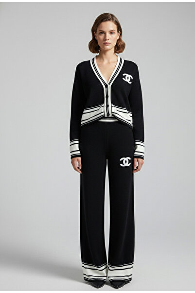 YusGos Women's Buttoned Striped Knitwear Cardigan Trousers College Bottom Top...