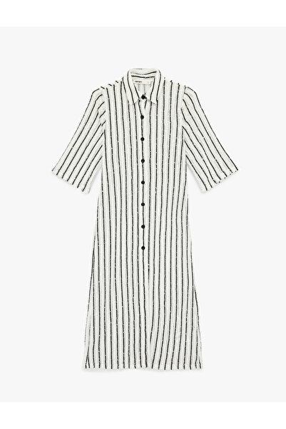 Koton Short Sleeve Shirt Collar Buttoned Striped Sequin Embroidered Long Croc...