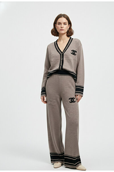 YusGos Women's Buttoned Striped Knitwear Cardigan Trousers College Bottom Top...