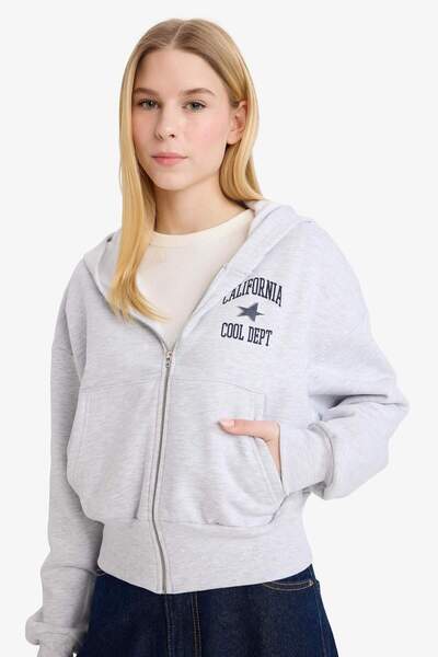 DeFacto Cropped Fit Hooded Printed Thick Fabric Cardigan G8216Ax26Sp