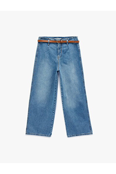 Koton بنطلون جينز قطني عالي الخصر بحزام واسع الساق - جينز واسع الساق