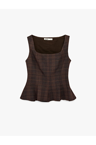 Koton Square Neck Sleeveless Peplum Plaid Blouse