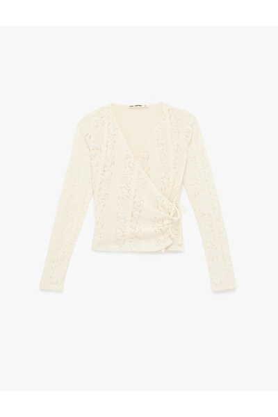 Koton Slim Fit Long Sleeve Double Breasted Collar Lace T-Shirt