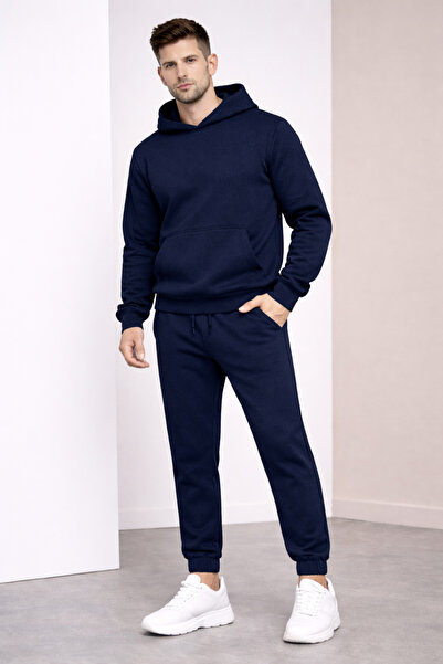 NAKRUF Navy Blue Oversize Men's Tracksuit Set with Hooded Kangaroo Pocket and...