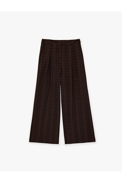 Koton Pocketed, Pleated Detailed Straight Wide-Leg Plaid Trousers