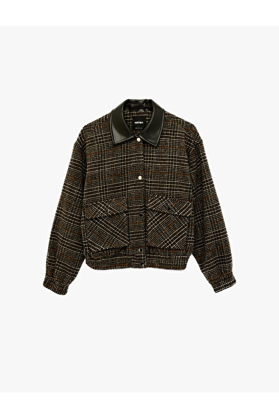 Koton Buttoned Pocket Faux Leather Collar Detailed Crop Plaid Bomber Jacket