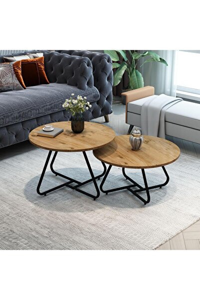 MRVHOMEE 2’li Yuvarlak Orta Sehpa Seti Metal Siyah Ayaklı Ahşap Görünümlü