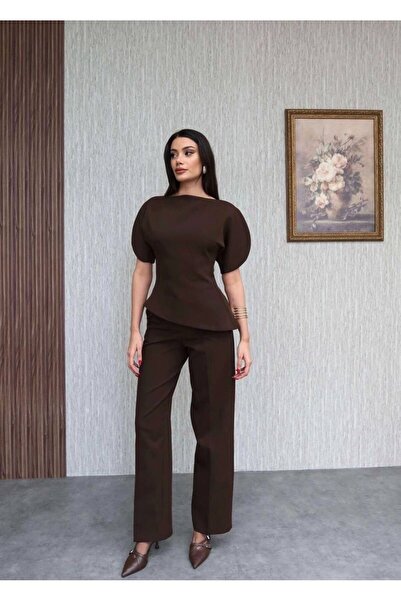 mafdress Kadın Asimetrik Kesim Balon Kol Bordo Takım