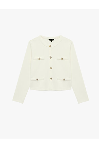 Koton Long Sleeve Gold Buttoned Appliqué Detailed Round Neck Cardigan