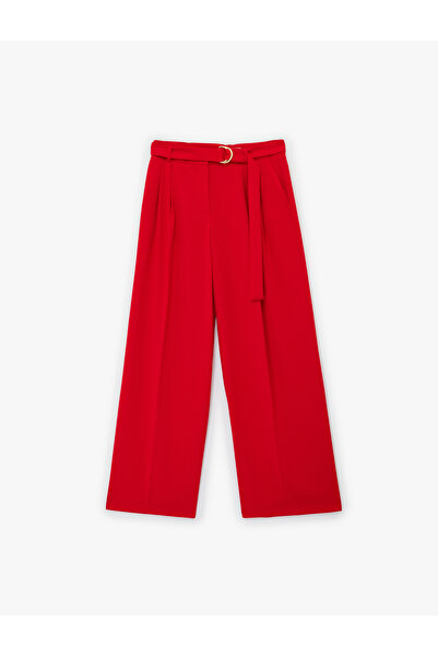 Koton Crepe Fabric Pocketed Pleated Detailed Wide Leg Belted Trousers