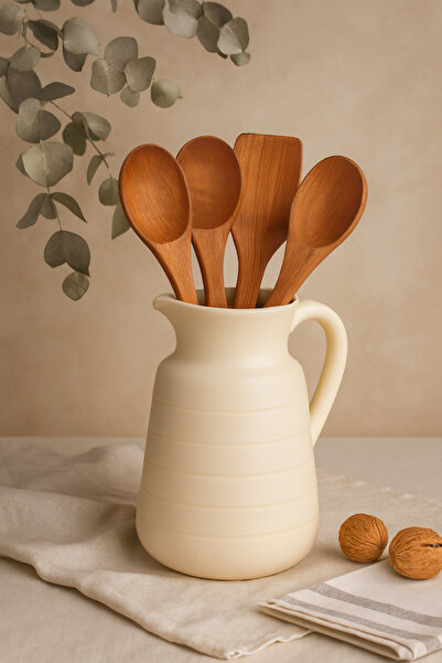 Lui Tasarım Cream Color Handmade Rustic Vintage Wooden Spoon Holder Self-Supp...