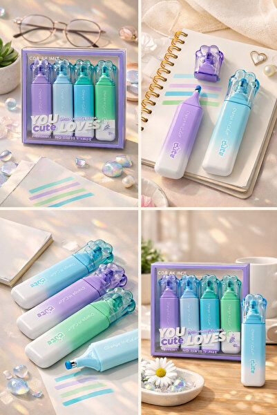 zubi 4 Colors Soft Pati Highlighter Pen Transparent Tip - Professional Marker...