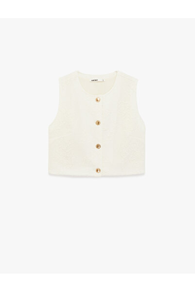 Koton Slim Fit Crew Neck Gold Buttoned Floral Textured Vest