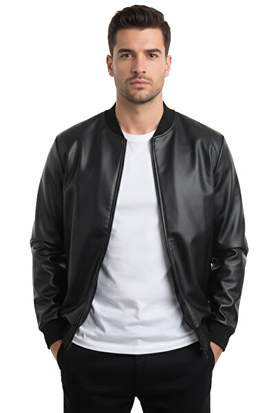 DeepSEA Black Stone Embellished Slim Fit Faux Leather Men's Jacket / Coat – C...