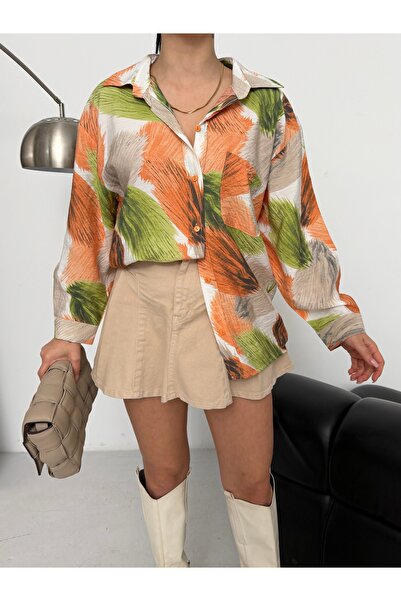 Jbr TURUNCU YEŞİL DESENLİ OVERSİZE GÖMLEK